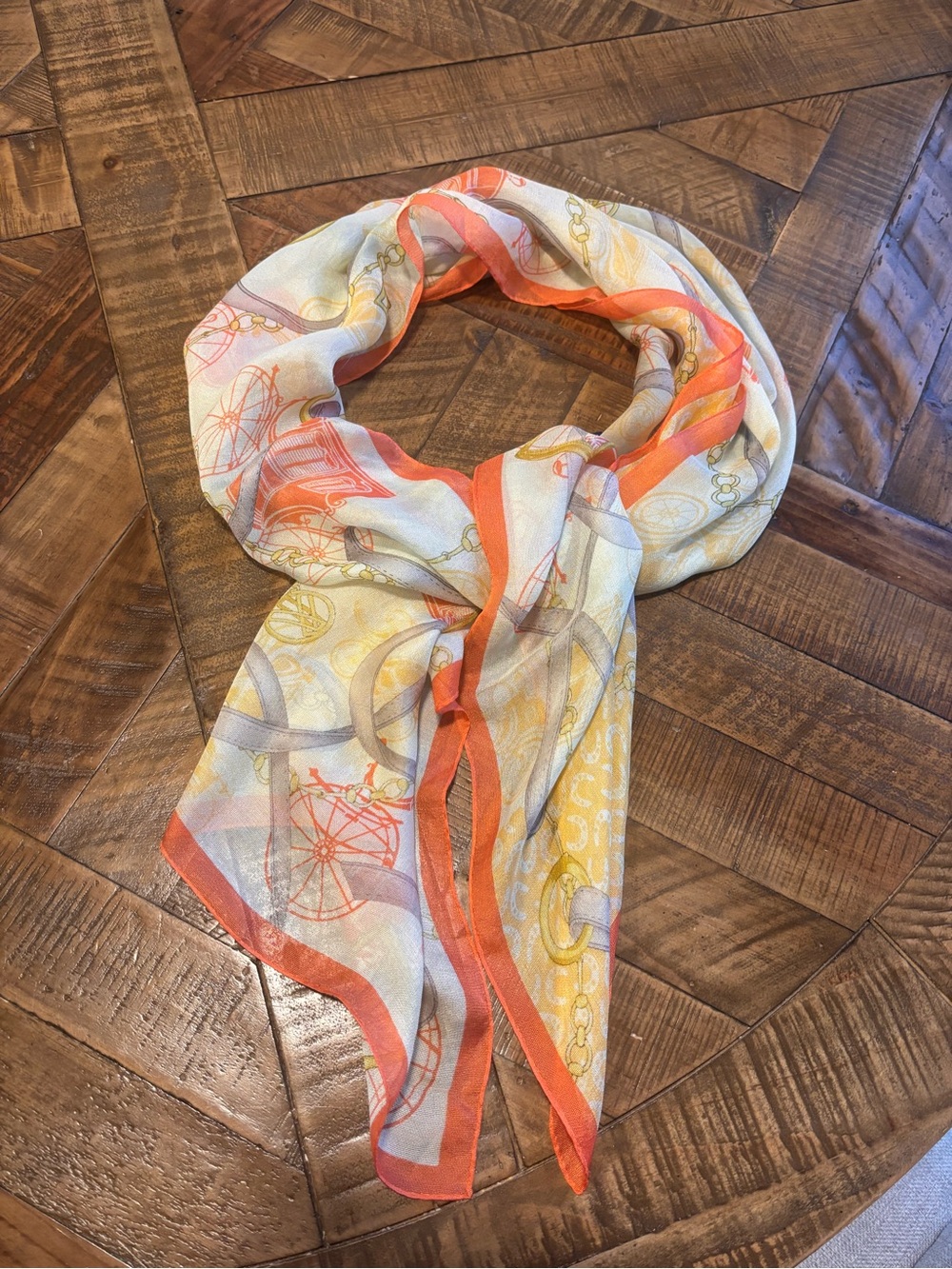 GORGEOUS LONG 100% SILK SCARF HERMES INSPIRED COACH STYLE ORANGE COLORFUL